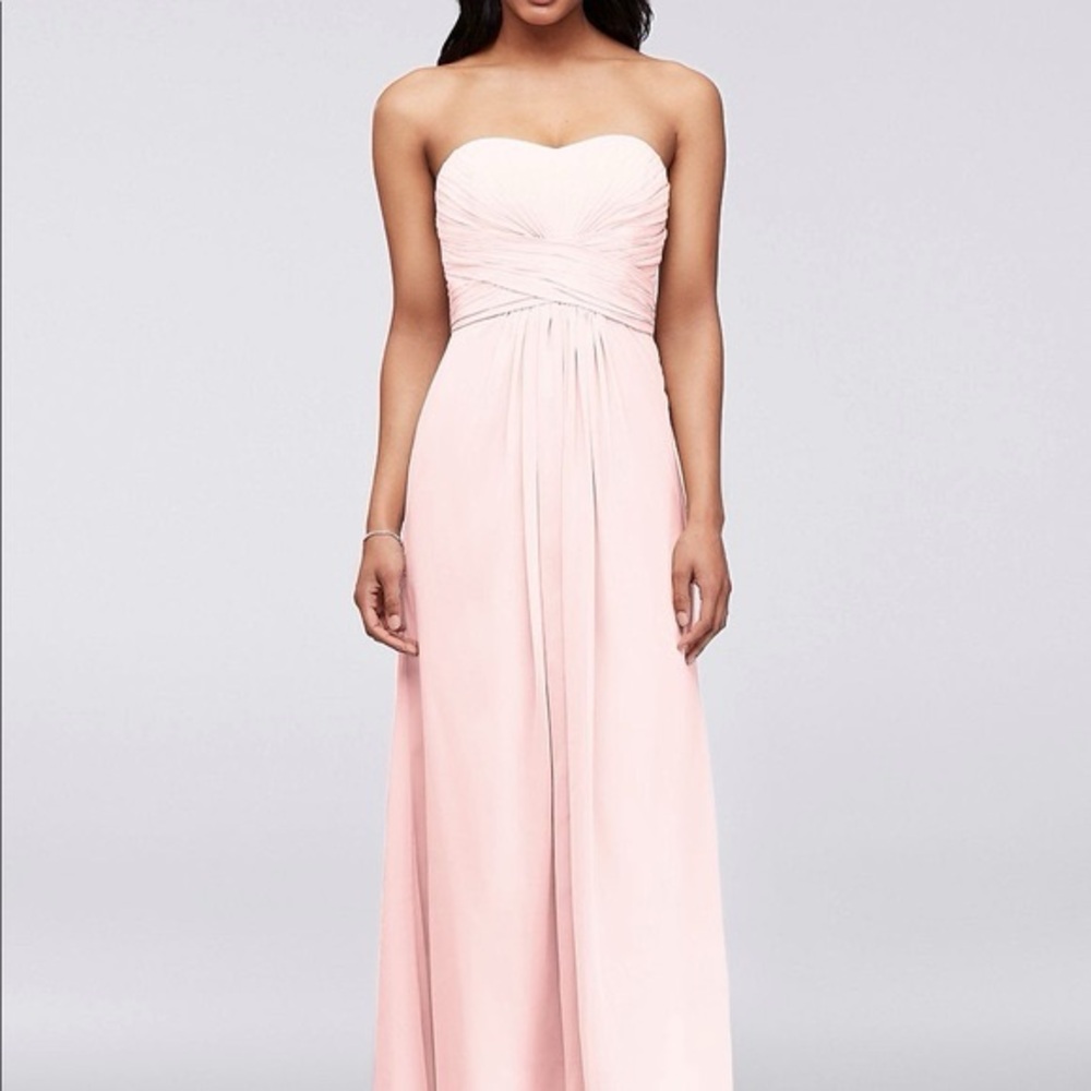 David Bridal Strapless Long bridesmaid dress Light Pink PETAL Size 12/14 Chiffon